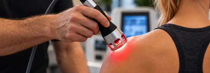 Class IV laser therapy treatment applied to a patient's shoulder, with a handheld therapeutic laser device emitting red light to the targeted area for pain relief and tissue healing.